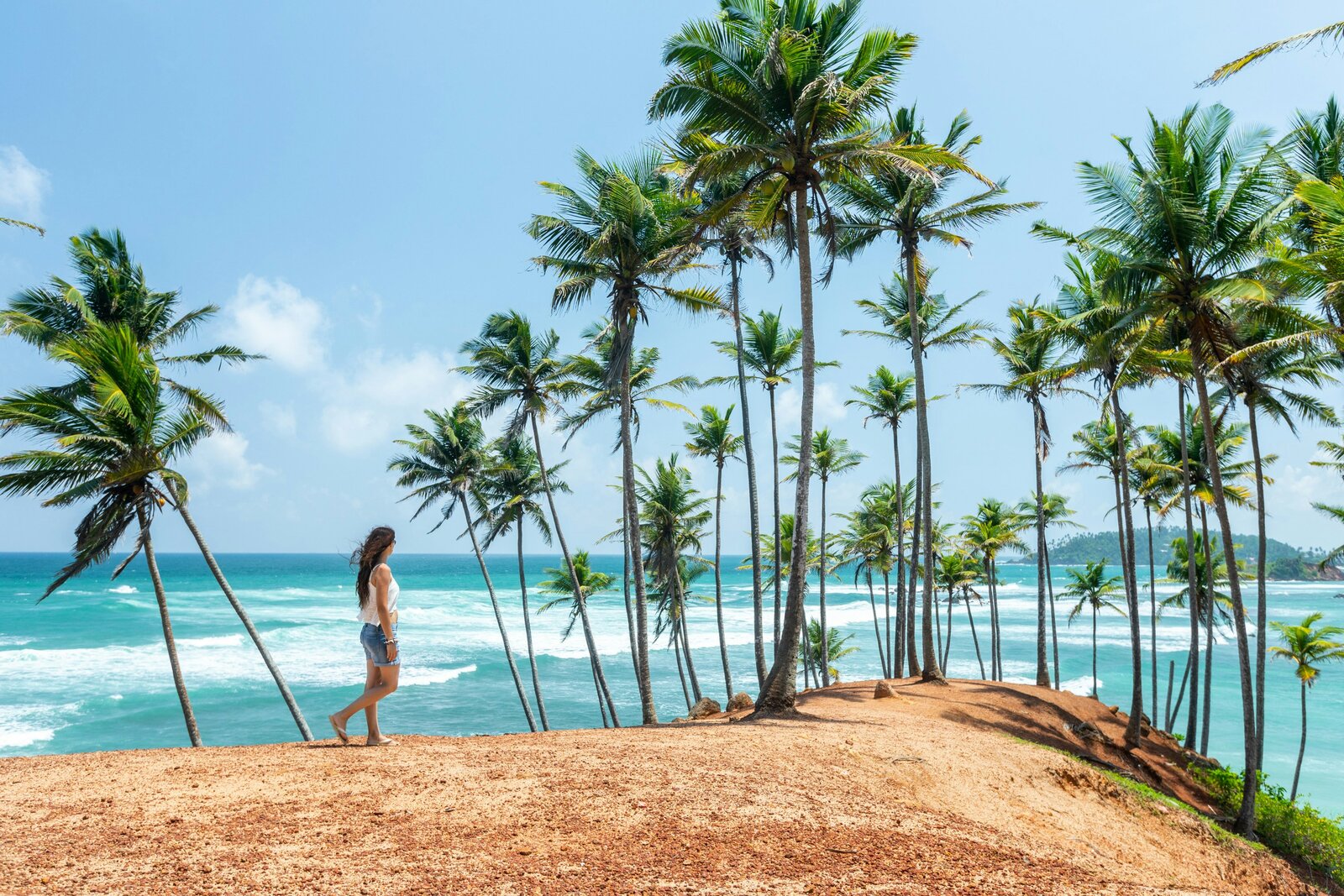 A traveller walking among the palms at Coconut Tree Hill, Mirissa, on Sri Lanka's south coast