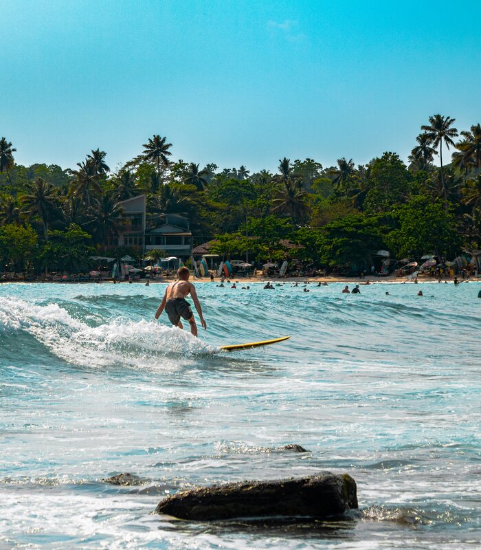Surfer catching a wave on the Sri Lanka south coast